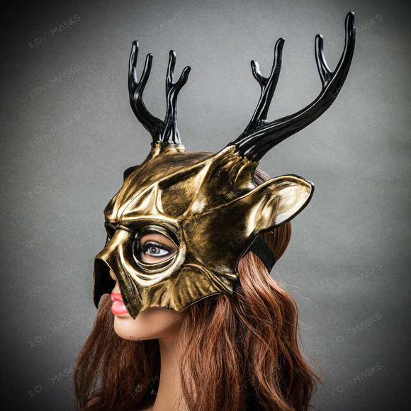 Antler Deer Black Horn Devil Halloween Masquerade Mask - Metallic Gold - Picture 3 of 10